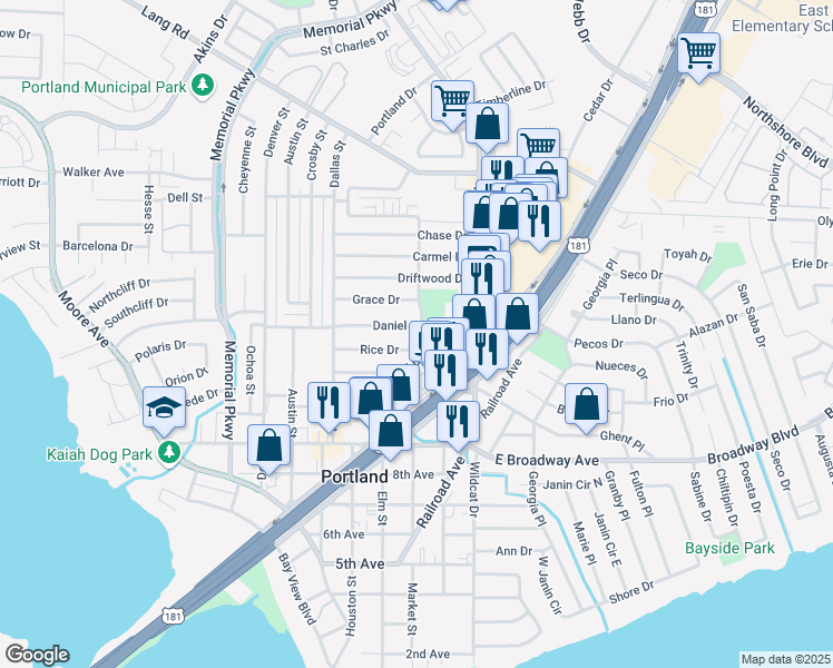 map of restaurants, bars, coffee shops, grocery stores, and more near 130 Daniel Moore Avenue in Portland
