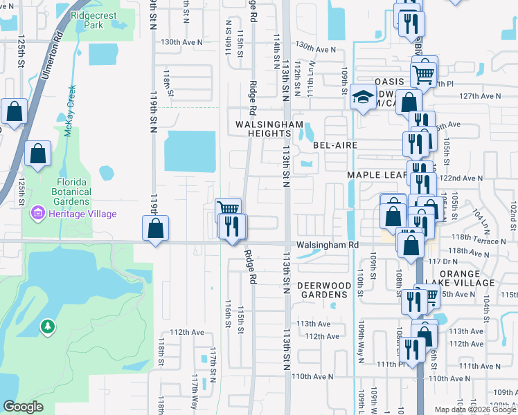 map of restaurants, bars, coffee shops, grocery stores, and more near 11384 120th Terrace North in Largo