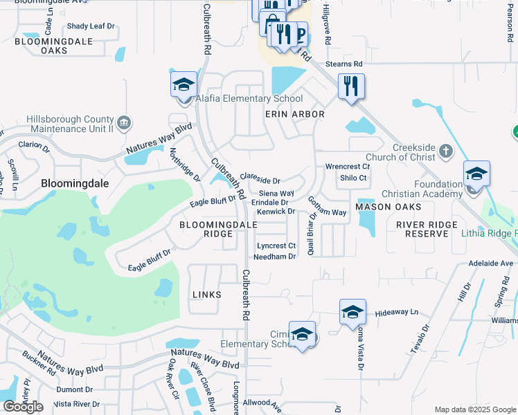 map of restaurants, bars, coffee shops, grocery stores, and more near 2312 Kenwick Drive in Valrico