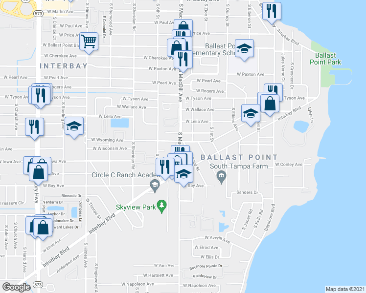 map of restaurants, bars, coffee shops, grocery stores, and more near 5802 South MacDill Avenue in Tampa