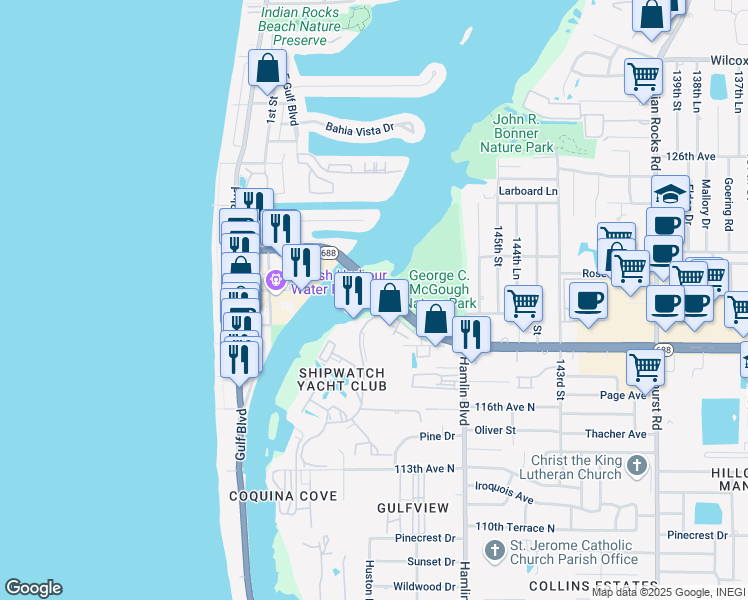 map of restaurants, bars, coffee shops, grocery stores, and more near 11900 Shipwatch Drive in Largo