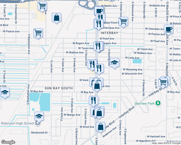 map of restaurants, bars, coffee shops, grocery stores, and more near 3811 West Wisconsin Avenue in Tampa