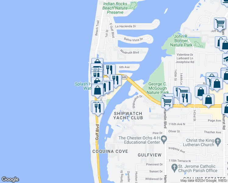 map of restaurants, bars, coffee shops, grocery stores, and more near 401 2nd Street in Indian Rocks Beach