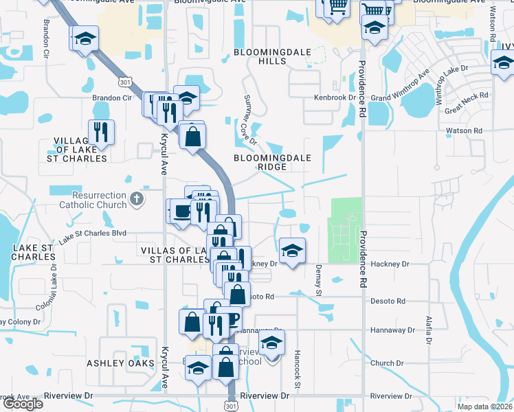 map of restaurants, bars, coffee shops, grocery stores, and more near 10819 Kensington Park Avenue in Riverview