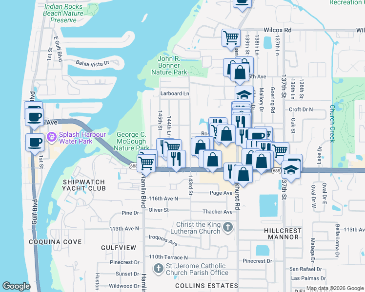 map of restaurants, bars, coffee shops, grocery stores, and more near 12021 144th Street in Largo
