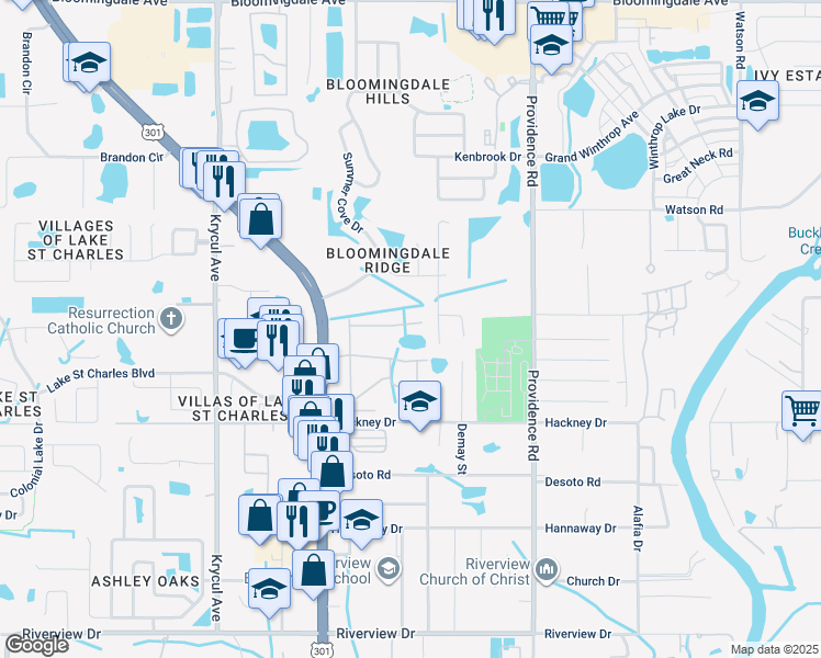 map of restaurants, bars, coffee shops, grocery stores, and more near 10929 Kensington Park Avenue in Riverview