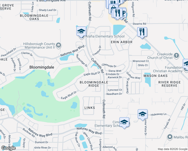 map of restaurants, bars, coffee shops, grocery stores, and more near 2308 Marseille Court in Valrico