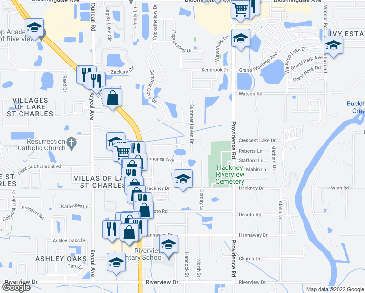 map of restaurants, bars, coffee shops, grocery stores, and more near 10929 Kensington Park Avenue in Riverview