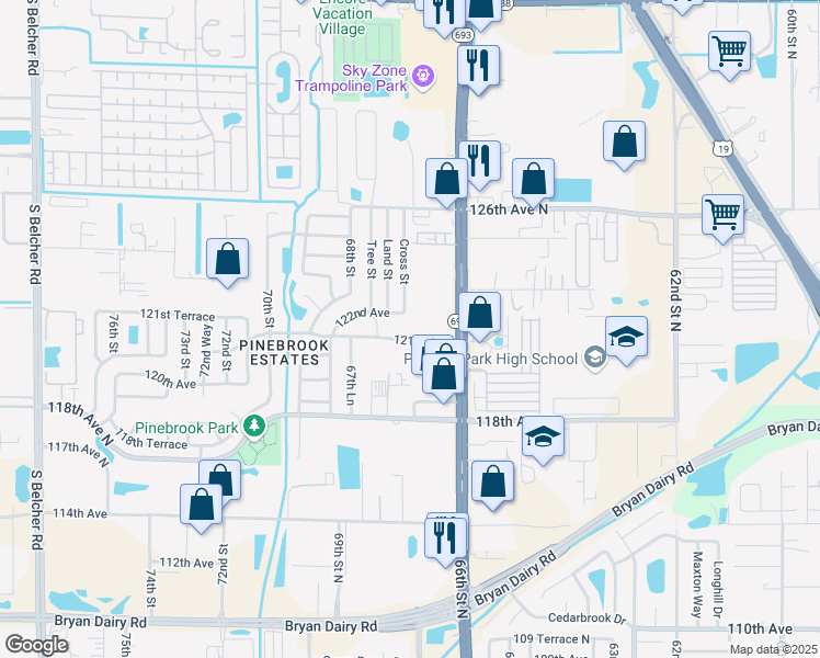 map of restaurants, bars, coffee shops, grocery stores, and more near 6701 121st Avenue in Largo