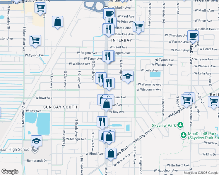 map of restaurants, bars, coffee shops, grocery stores, and more near 5902 South Dale Mabry Highway in Tampa