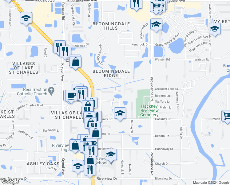 map of restaurants, bars, coffee shops, grocery stores, and more near 10909 Kensington Park Avenue in Riverview