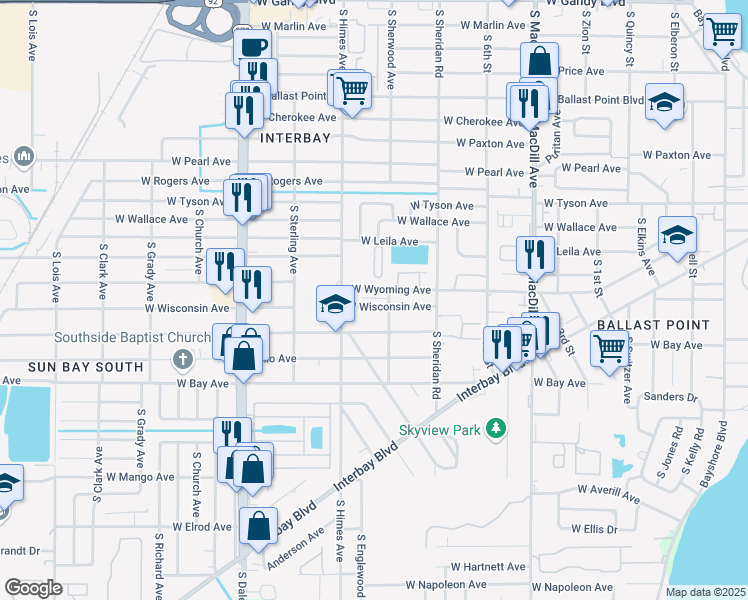 map of restaurants, bars, coffee shops, grocery stores, and more near 3516 West Wisconsin Avenue in Tampa
