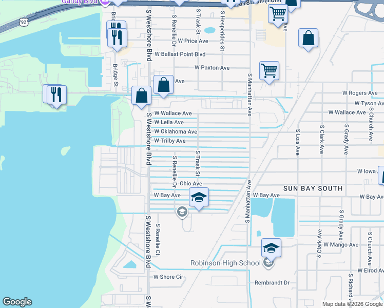 map of restaurants, bars, coffee shops, grocery stores, and more near 4711 West Wisconsin Avenue in Tampa