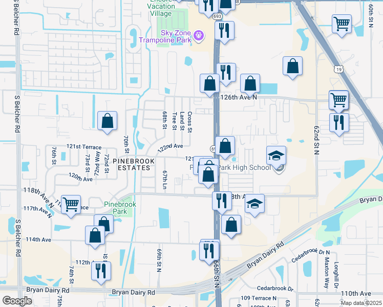 map of restaurants, bars, coffee shops, grocery stores, and more near 6701 121st Avenue in Largo