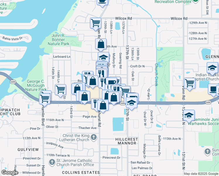 map of restaurants, bars, coffee shops, grocery stores, and more near 13845 Walsingham Road in Largo
