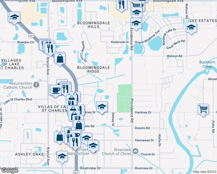 map of restaurants, bars, coffee shops, grocery stores, and more near 6927 Summer Harbor Lane in Riverview