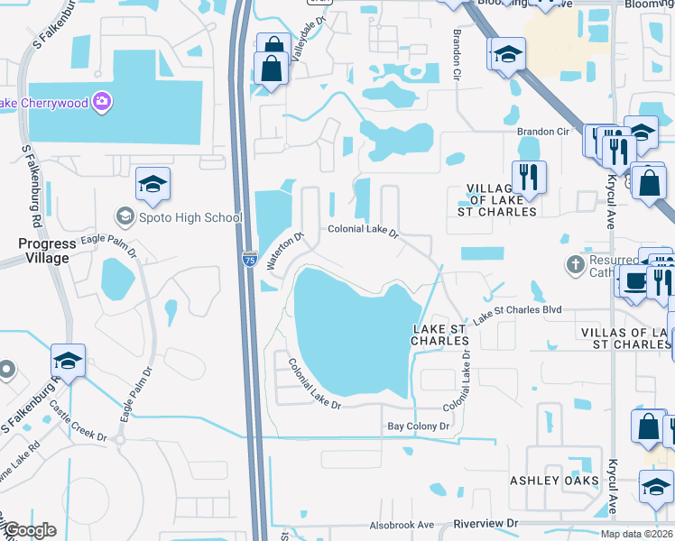 map of restaurants, bars, coffee shops, grocery stores, and more near 6619 Gates Pointe Way in Riverview