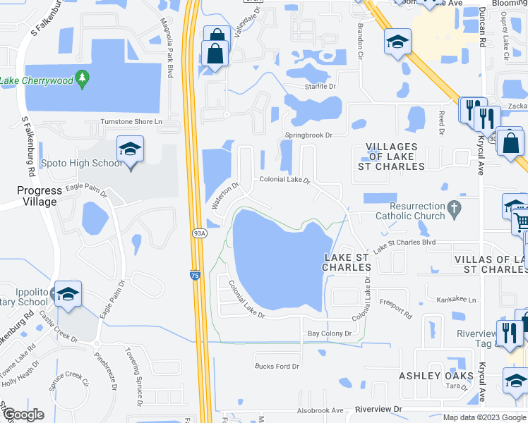 map of restaurants, bars, coffee shops, grocery stores, and more near 6619 Gates Pointe Way in Riverview