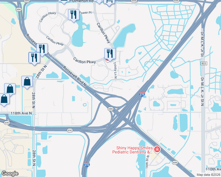 map of restaurants, bars, coffee shops, grocery stores, and more near 500 Trinity Lane North in St. Petersburg