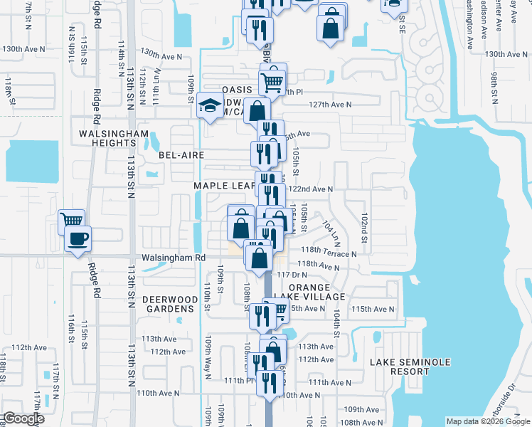 map of restaurants, bars, coffee shops, grocery stores, and more near 12014 106th Street in Largo