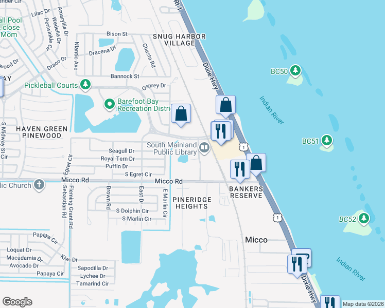 map of restaurants, bars, coffee shops, grocery stores, and more near 8000 Ron Beatty Boulevard in Micco