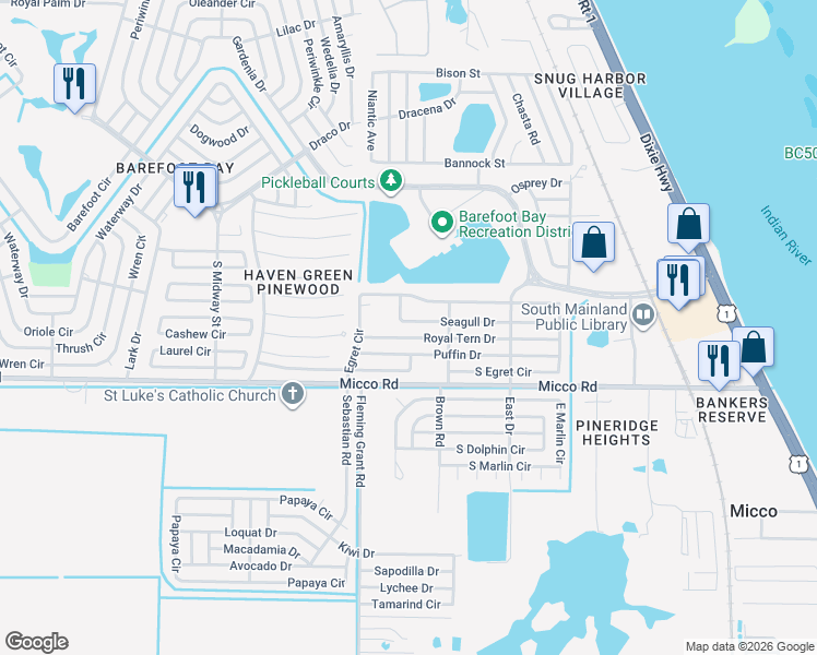 map of restaurants, bars, coffee shops, grocery stores, and more near 623 Royal Tern Drive in Sebastian