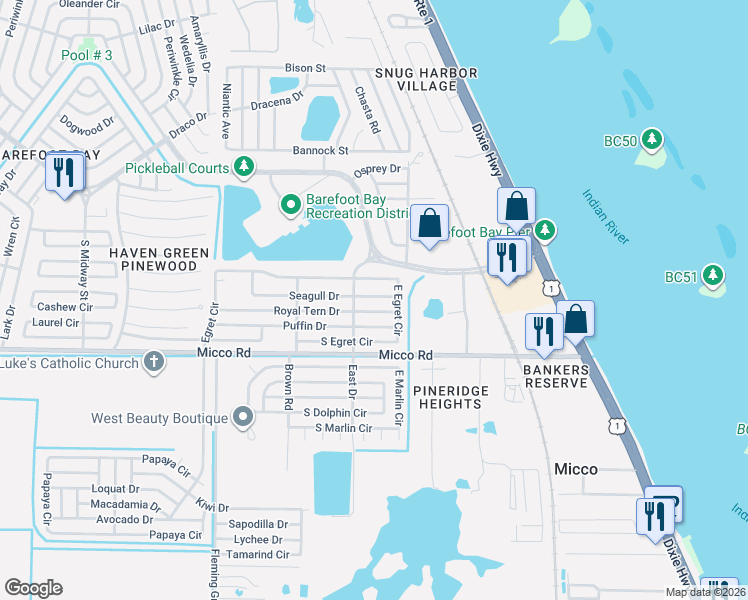 map of restaurants, bars, coffee shops, grocery stores, and more near 443 Royal Tern Drive in Sebastian