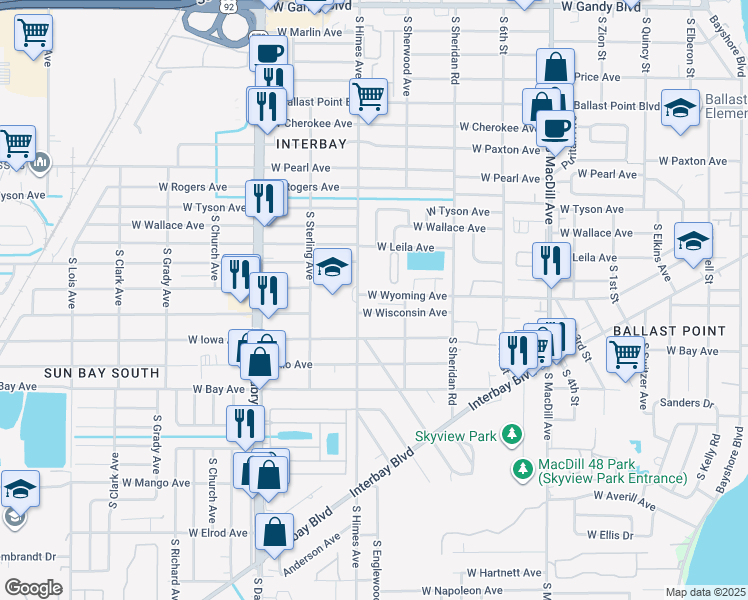 map of restaurants, bars, coffee shops, grocery stores, and more near 3516 West Wisconsin Avenue in Tampa