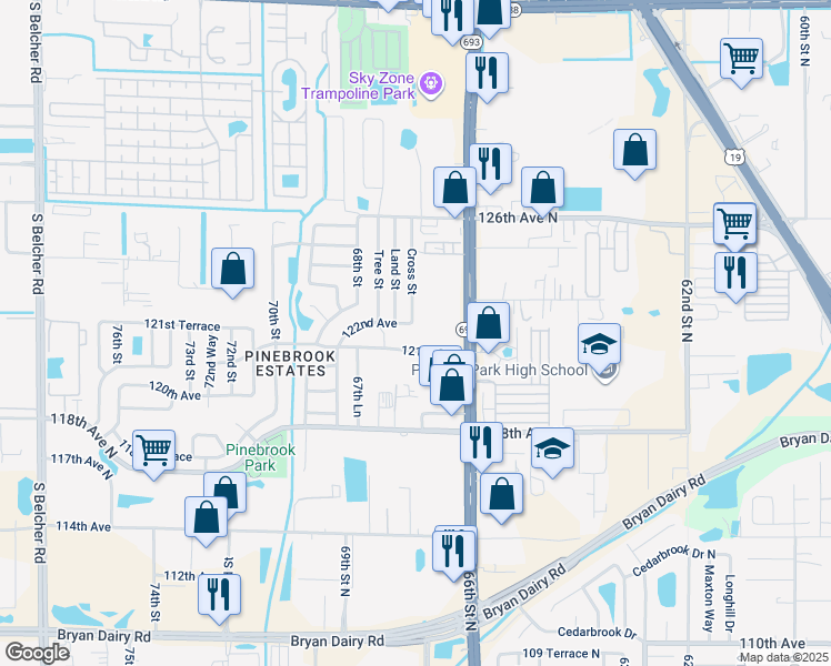 map of restaurants, bars, coffee shops, grocery stores, and more near 6701 121st Avenue in Largo