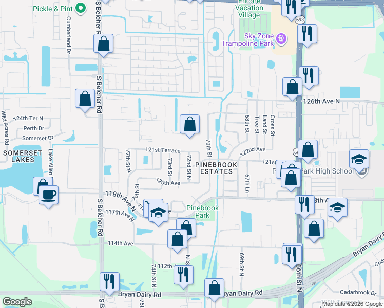 map of restaurants, bars, coffee shops, grocery stores, and more near 12106 72nd Street in Largo