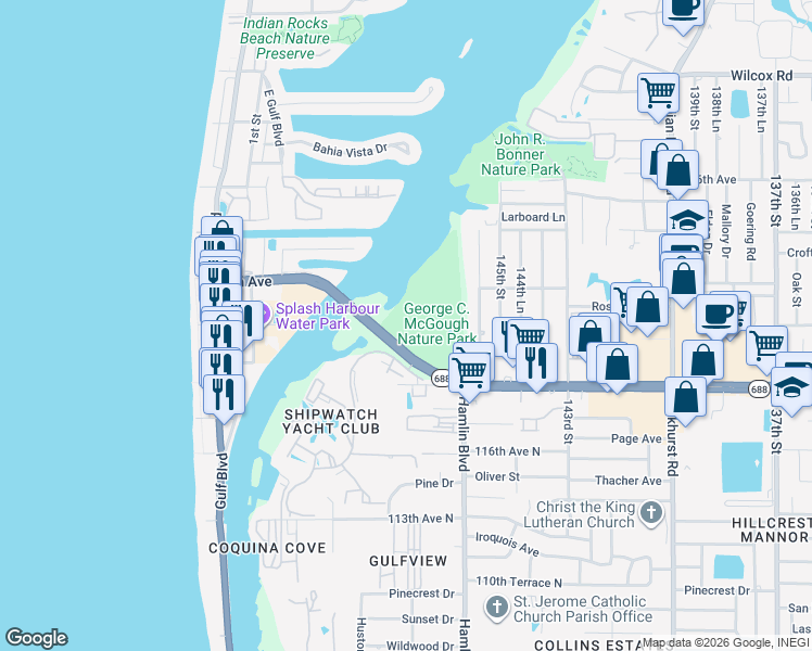 map of restaurants, bars, coffee shops, grocery stores, and more near 14833 Walsingham Road in Largo