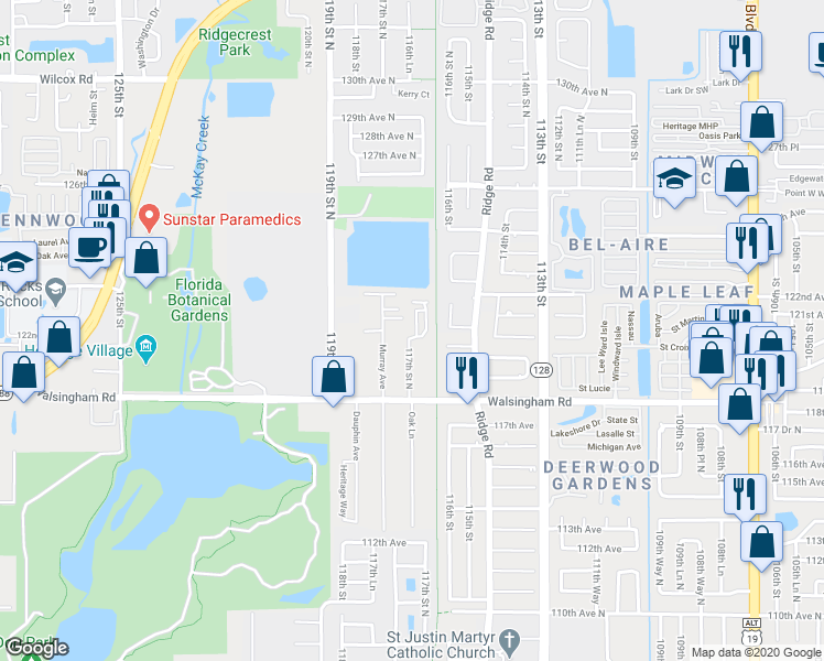 map of restaurants, bars, coffee shops, grocery stores, and more near 12195 117th Street in Largo