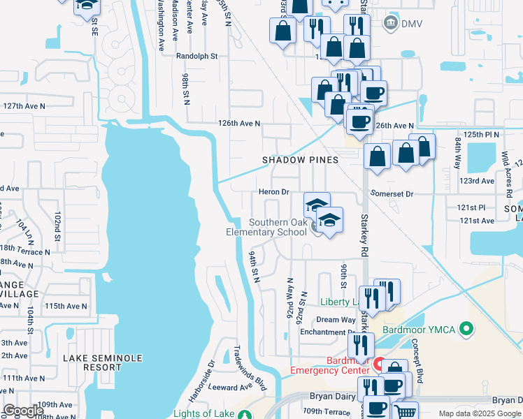 map of restaurants, bars, coffee shops, grocery stores, and more near 12110 93rd Way in Largo
