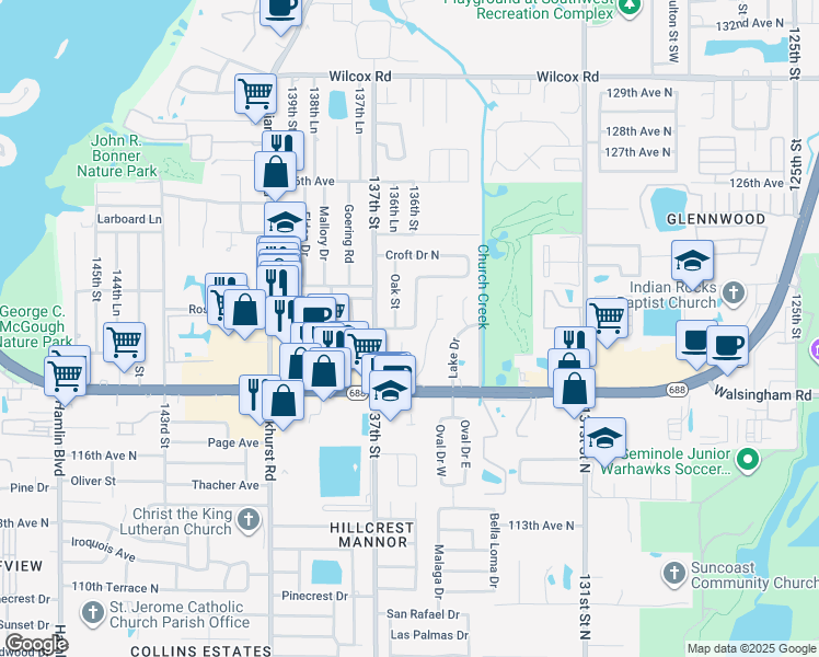 map of restaurants, bars, coffee shops, grocery stores, and more near 12791 Oak Street in Largo