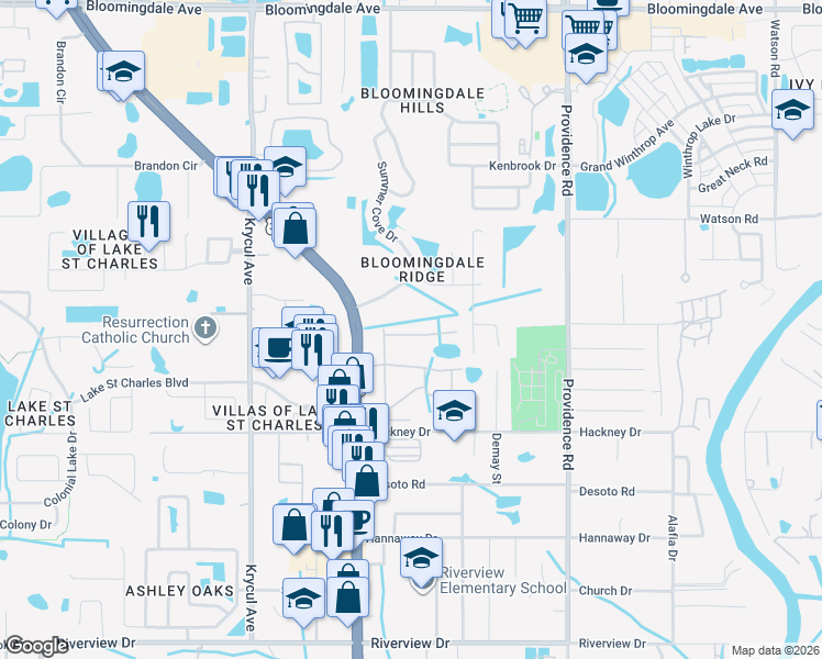 map of restaurants, bars, coffee shops, grocery stores, and more near 10836 Kensington Park Avenue in Riverview
