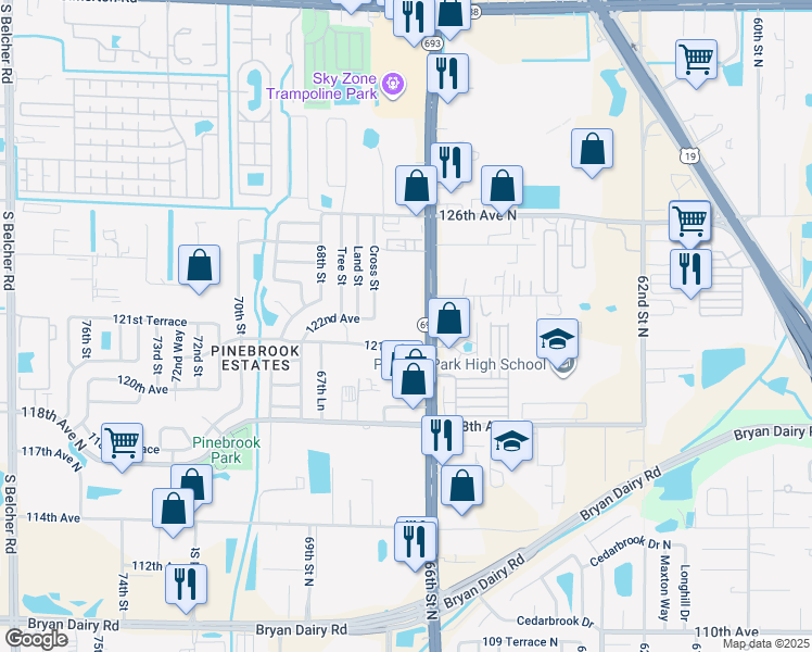 map of restaurants, bars, coffee shops, grocery stores, and more near 6601 121st Avenue in Largo