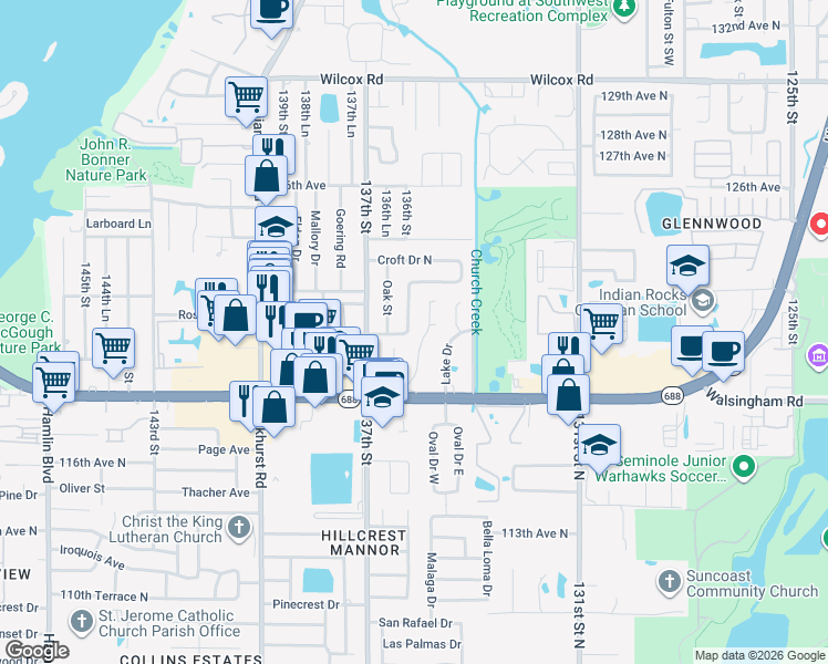 map of restaurants, bars, coffee shops, grocery stores, and more near 12049 Croft Drive North in Largo