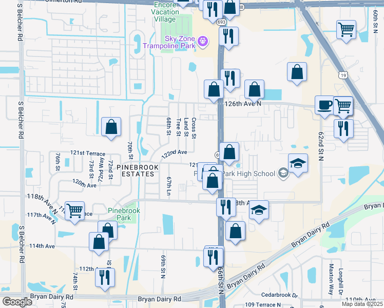 map of restaurants, bars, coffee shops, grocery stores, and more near 6701 121st Avenue in Largo
