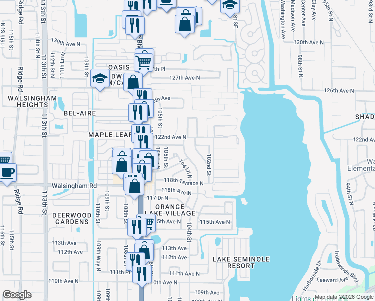 map of restaurants, bars, coffee shops, grocery stores, and more near 11903 104 Lane North in Largo