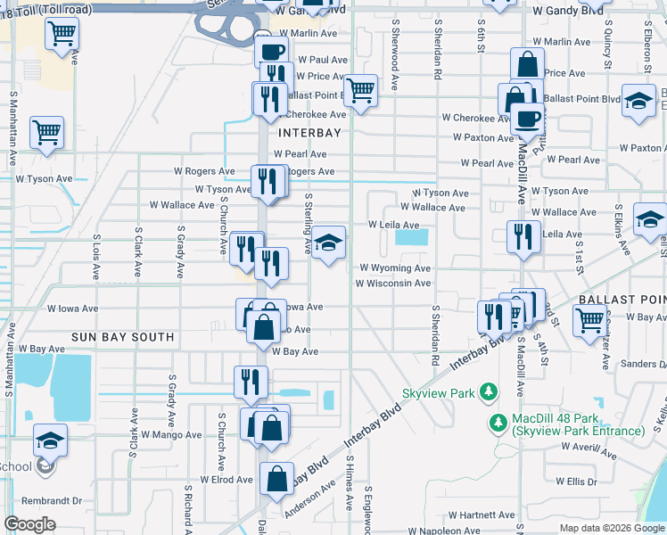 map of restaurants, bars, coffee shops, grocery stores, and more near 6001 South Himes Avenue in Tampa