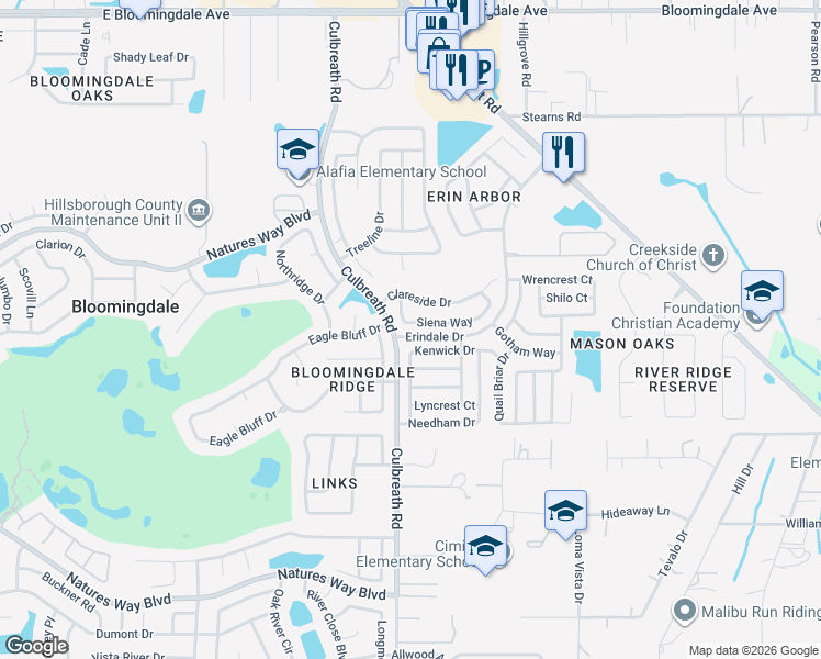map of restaurants, bars, coffee shops, grocery stores, and more near 2515 Siena Way in Valrico