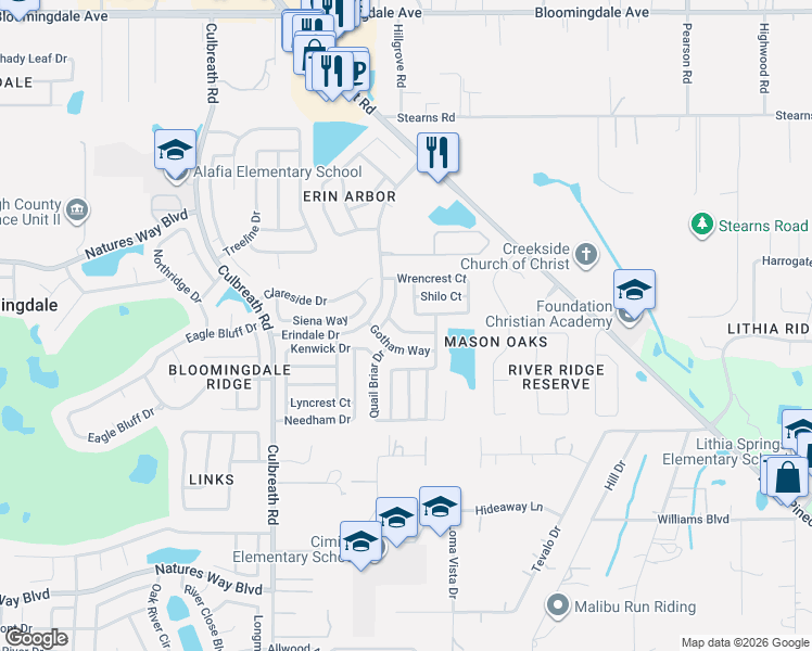 map of restaurants, bars, coffee shops, grocery stores, and more near 2508 Mendocino Way in Valrico