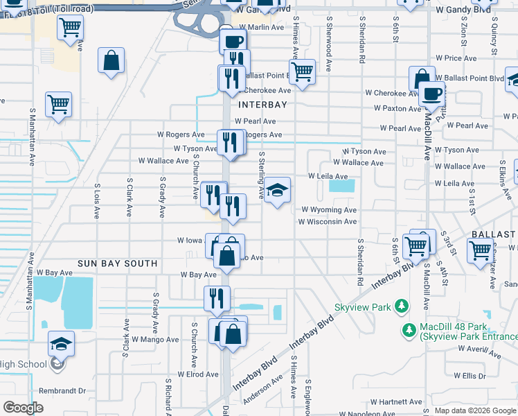 map of restaurants, bars, coffee shops, grocery stores, and more near 3704 West Oklahoma Avenue in Tampa