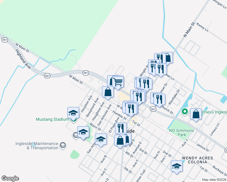 map of restaurants, bars, coffee shops, grocery stores, and more near 2707 Texas 361 in Ingleside