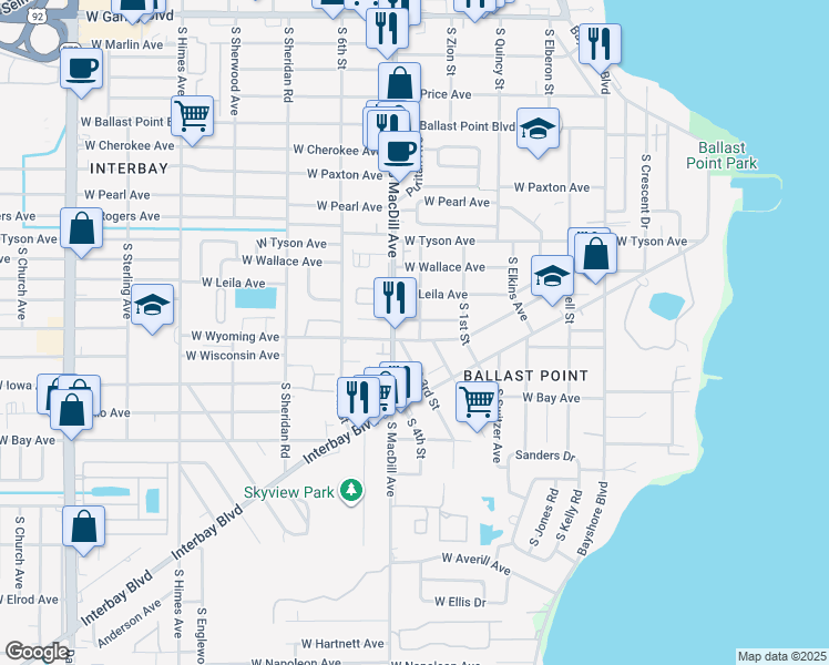 map of restaurants, bars, coffee shops, grocery stores, and more near 2915 West Trilby Avenue in Tampa