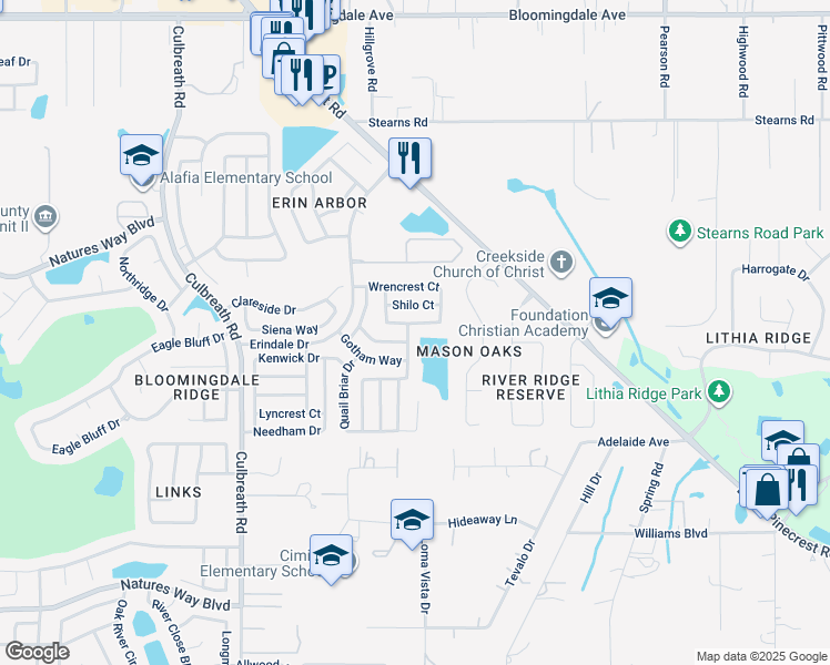 map of restaurants, bars, coffee shops, grocery stores, and more near 4004 Moreland Drive in Valrico