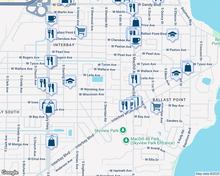 map of restaurants, bars, coffee shops, grocery stores, and more near 3208 West Leila Avenue in Tampa