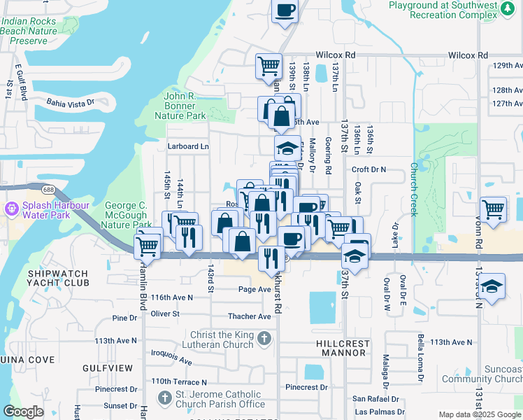 map of restaurants, bars, coffee shops, grocery stores, and more near 12046 Indian Rocks Road in Largo