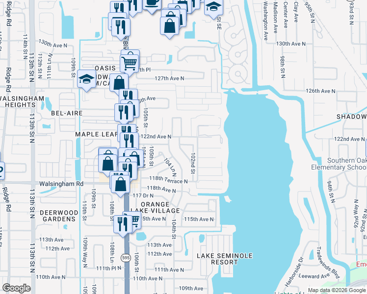 map of restaurants, bars, coffee shops, grocery stores, and more near 10270 122nd Avenue in Largo