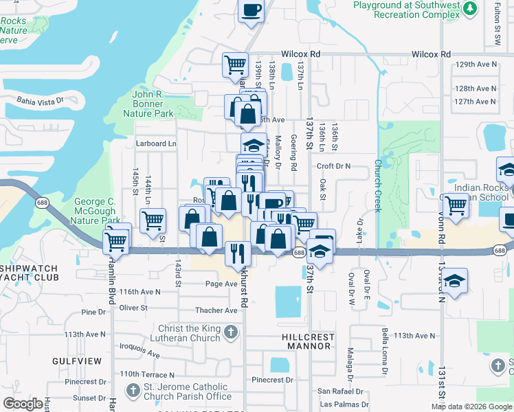 map of restaurants, bars, coffee shops, grocery stores, and more near 13940 Anona Heights Drive in Largo